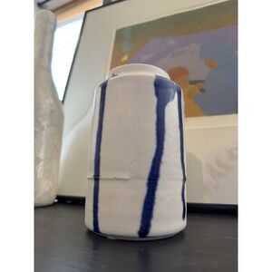 Signed "Jean Bidgron" Vintage pottery vase. White with Blue accents.  4.75"Tall